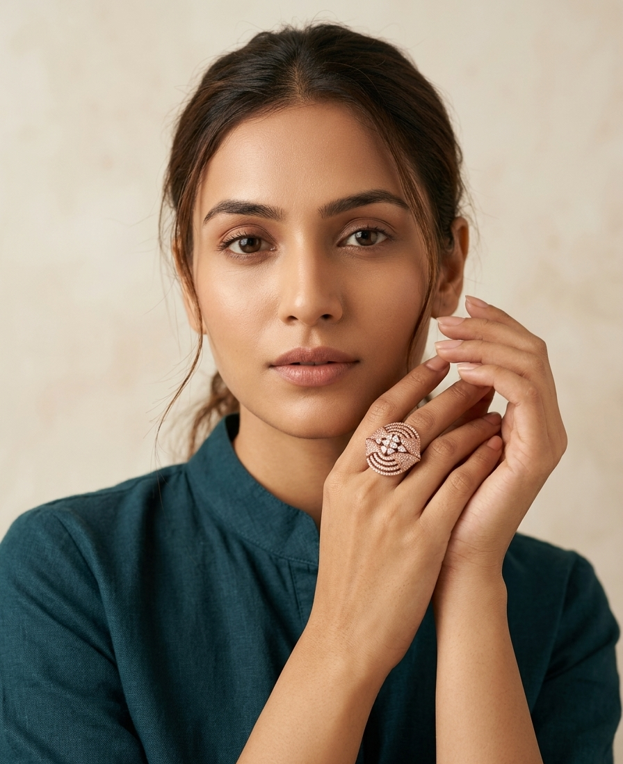 Rose Gold Statement Cocktail Ring with American Diamonds | Elegant Geometric Designer Ring