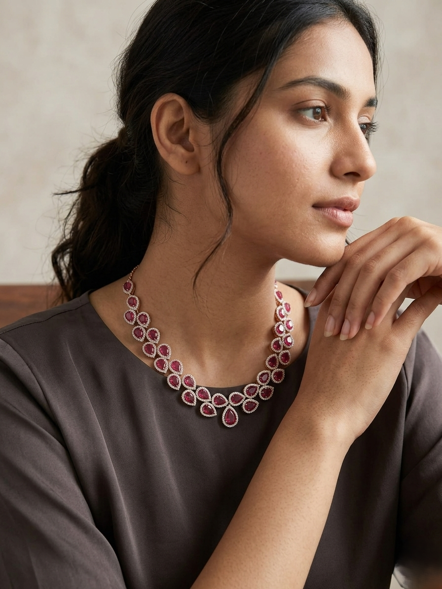 Ruby Teardrop Elegance Statement Necklace in Silver Tone