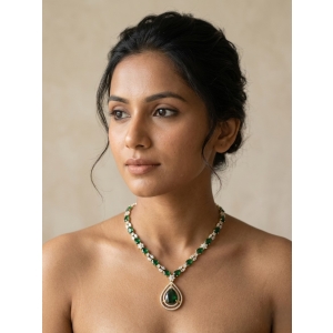 Emerald Green Teardrop Pendant Necklace with American Diamonds | Elegant Gold-Plated Bridal Jewellery