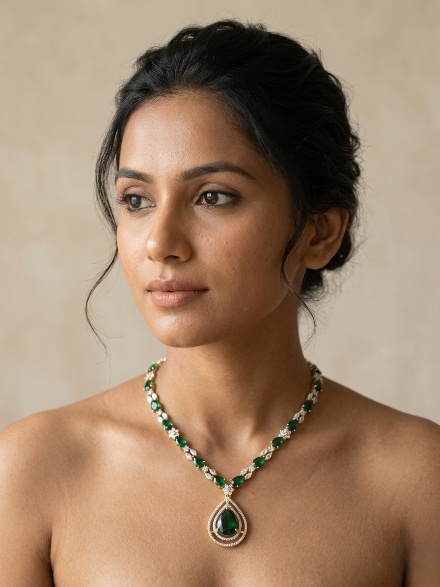 Emerald Green Teardrop Pendant Necklace with American Diamonds | Elegant Gold-Plated Bridal Jewellery