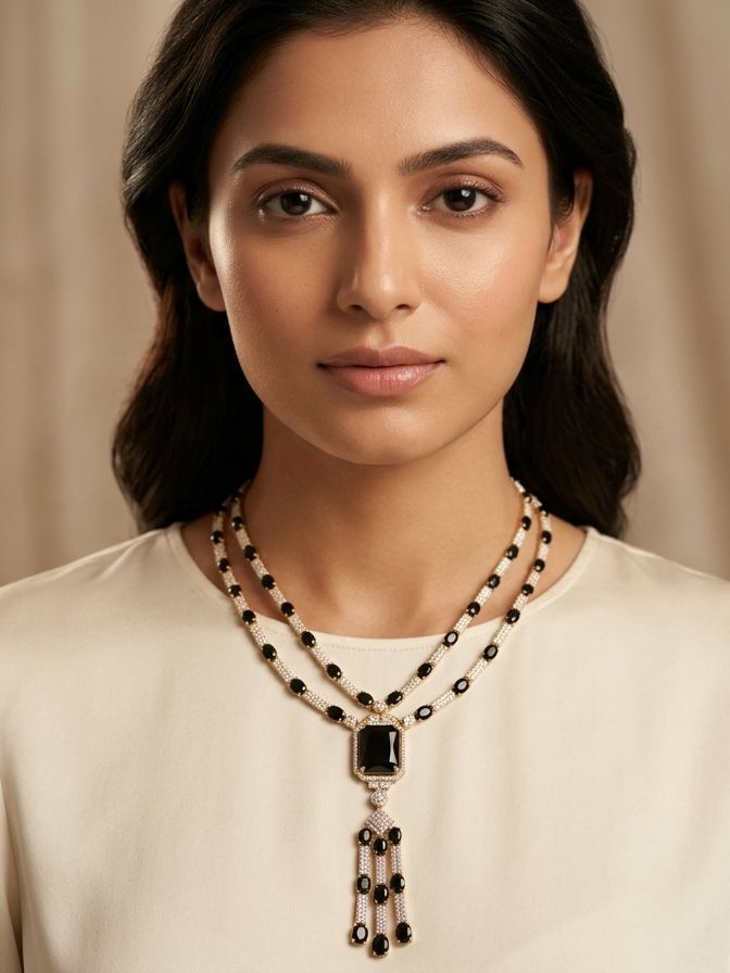 Midnight Elegance Layered Mangalsutra Necklace with Pendant in Gold Tone
