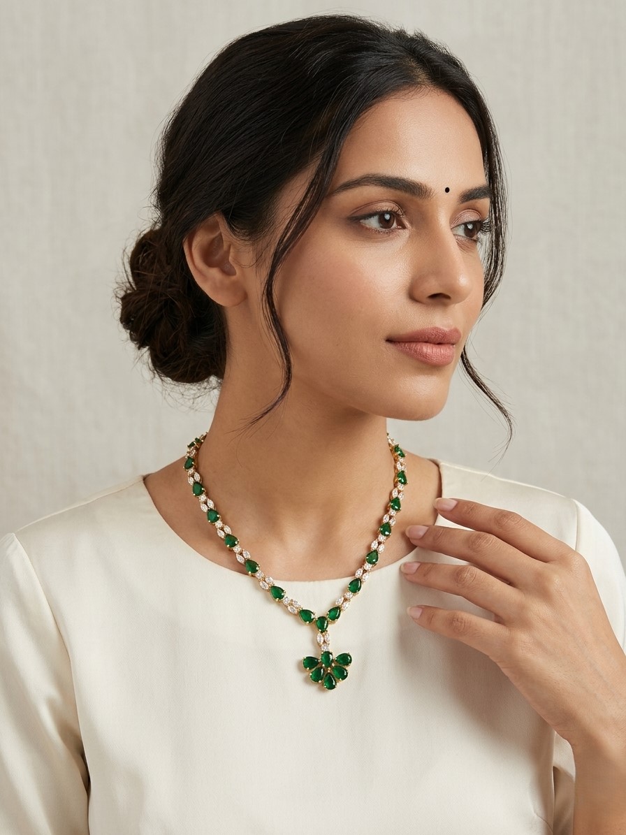 Emerald Green Teardrop Pendant Necklace with American Diamonds | Elegant Gold Plated Jewelry