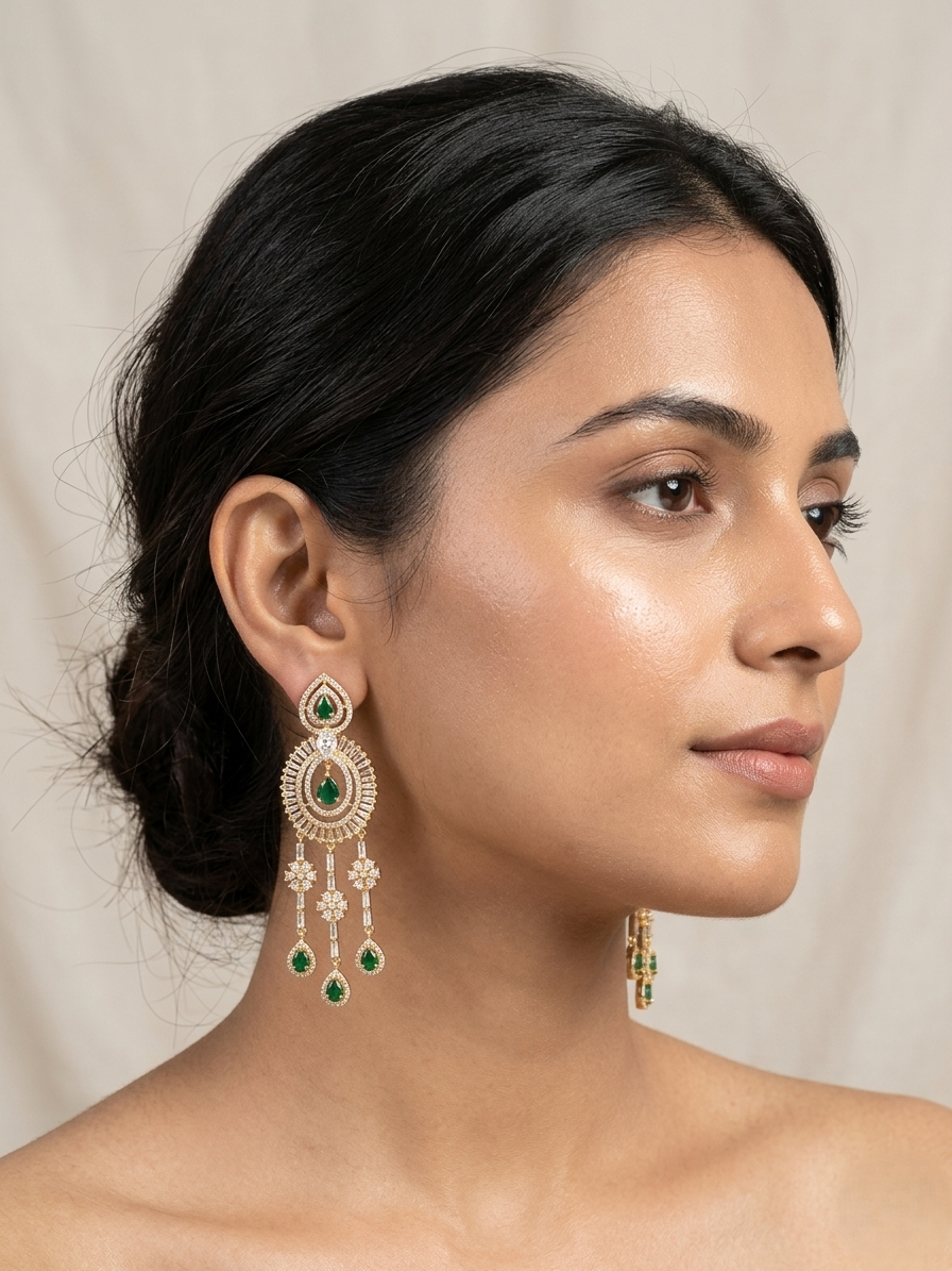 Emerald Radiance Oval Drop Chandbali Earrings in Gold Tone