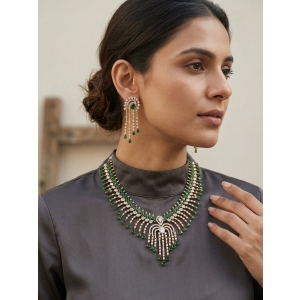 Emerald Green Waterfall Bridal Necklace Set with American Diamonds | Luxury Gold Statement Jewelry