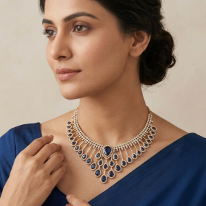 Royal Blue Teardrop Statement Necklace with American Diamonds | Gold Plated Bridal Necklace for Women