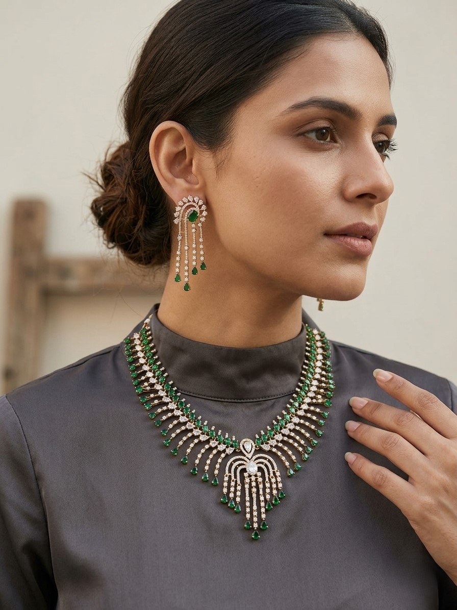 Emerald Green Waterfall Bridal Necklace Set with American Diamonds | Luxury Gold Statement Jewelry