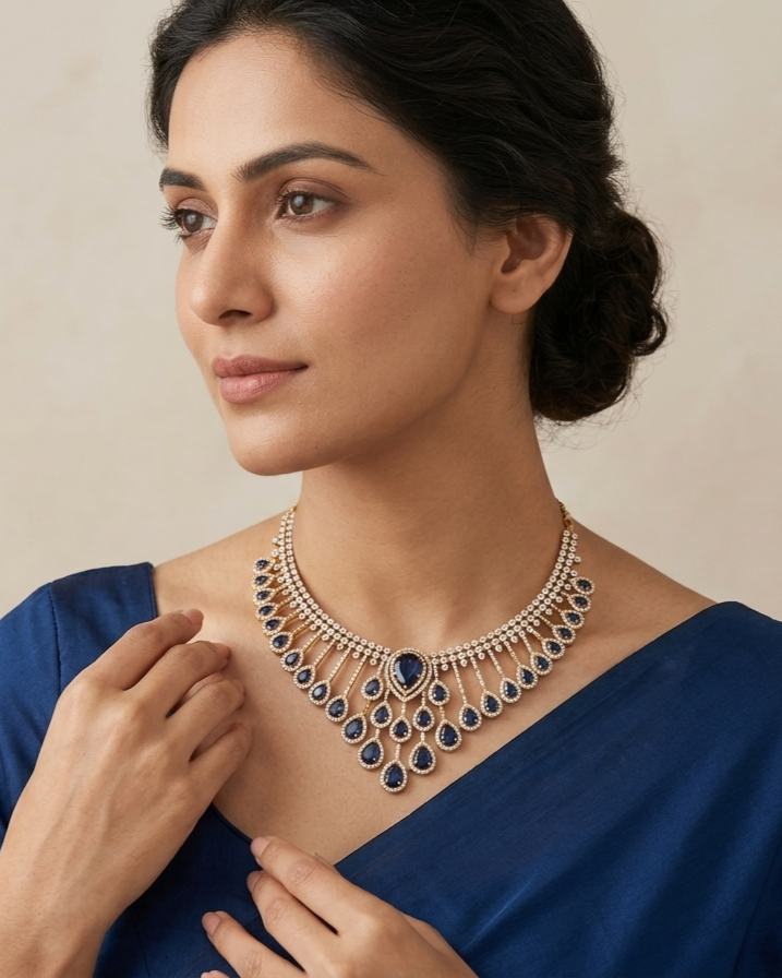 Royal Blue Teardrop Statement Necklace with American Diamonds | Gold Plated Bridal Necklace for Women