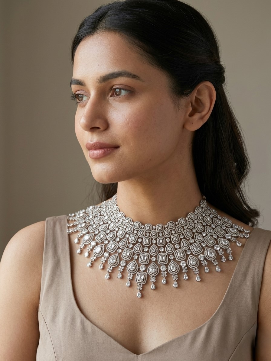 Gold Bridal Choker Necklace with American Diamonds | Luxury Statement Wedding Jewel