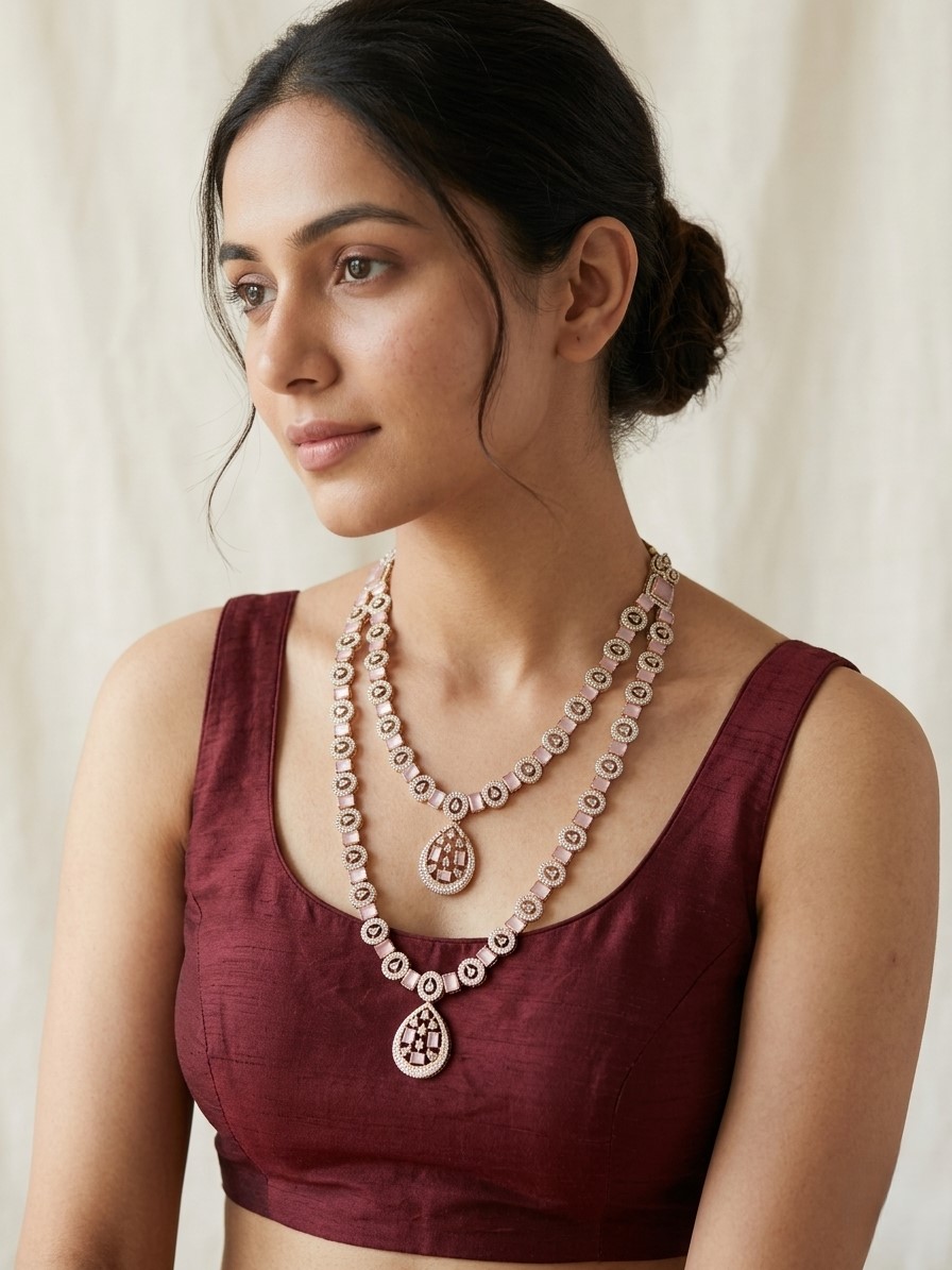 Rose Gold Double Layer Necklace Set with American Diamonds | Elegant Bridal & Party Jewelry