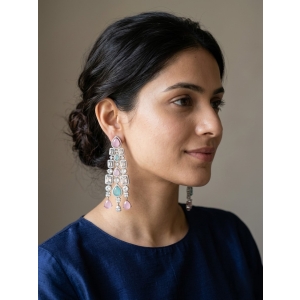 Pastel Pink & Mint Green Chandelier Earrings with American Diamonds | Elegant Statement Earrings