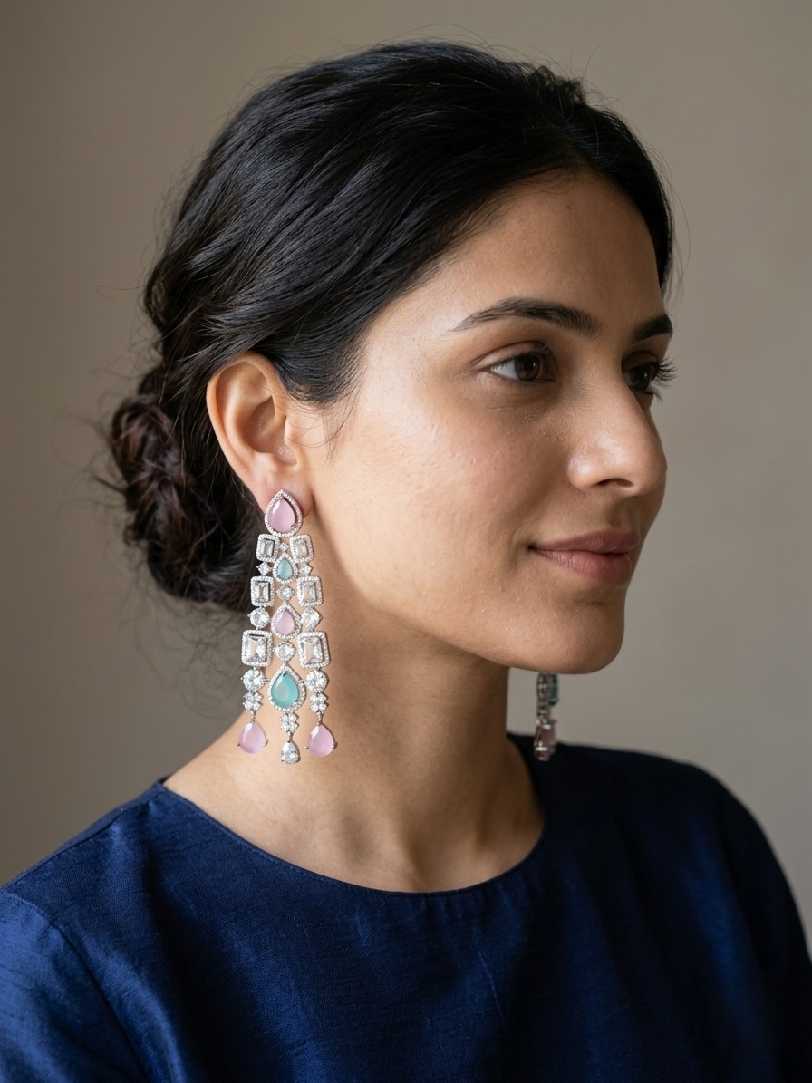 Pastel Pink & Mint Green Chandelier Earrings with American Diamonds | Elegant Statement Earrings