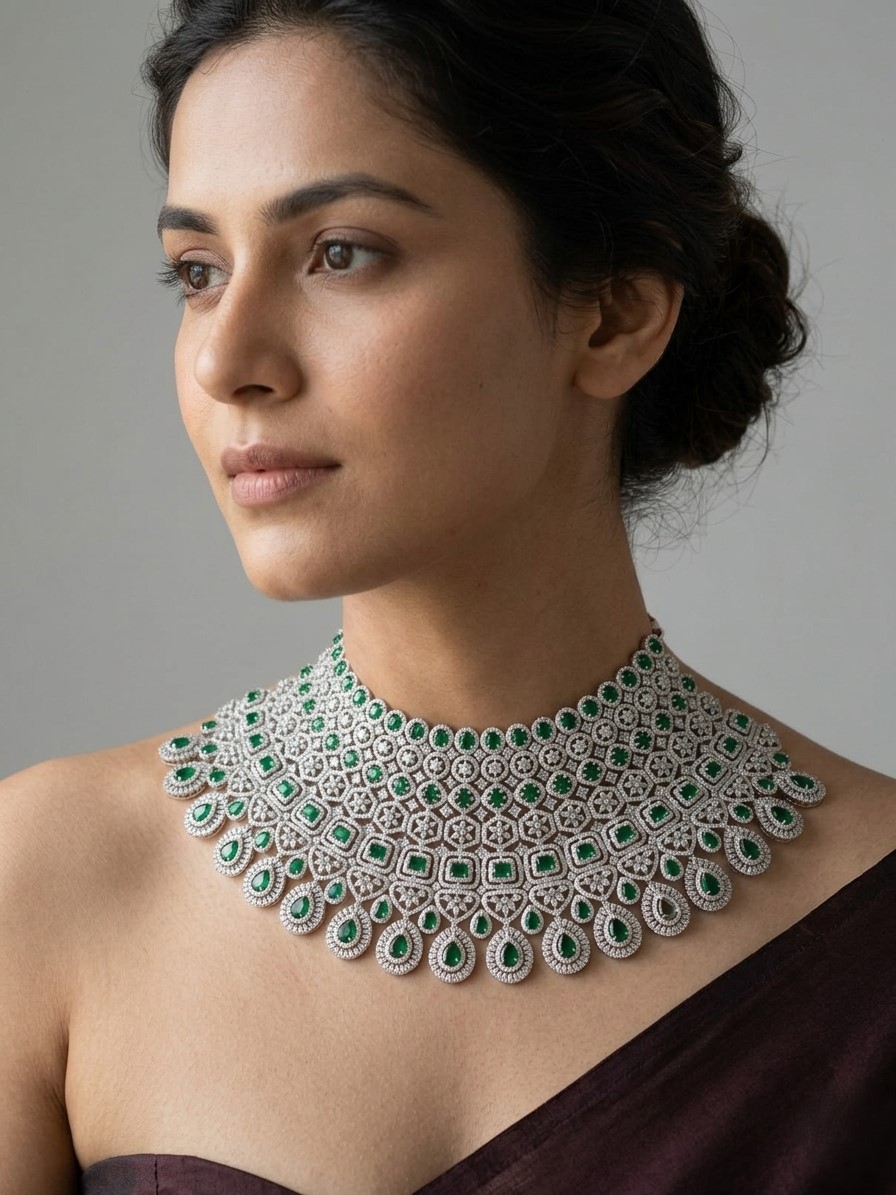Emerald Green Bridal Choker Necklace with American Diamonds | Luxury Statement Wedding Jewelry
