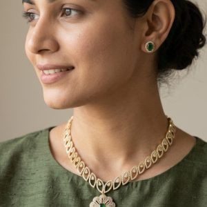 Emerald Green Floral Pendant Necklace Set | Gold Plated Bridal Jewelry Set