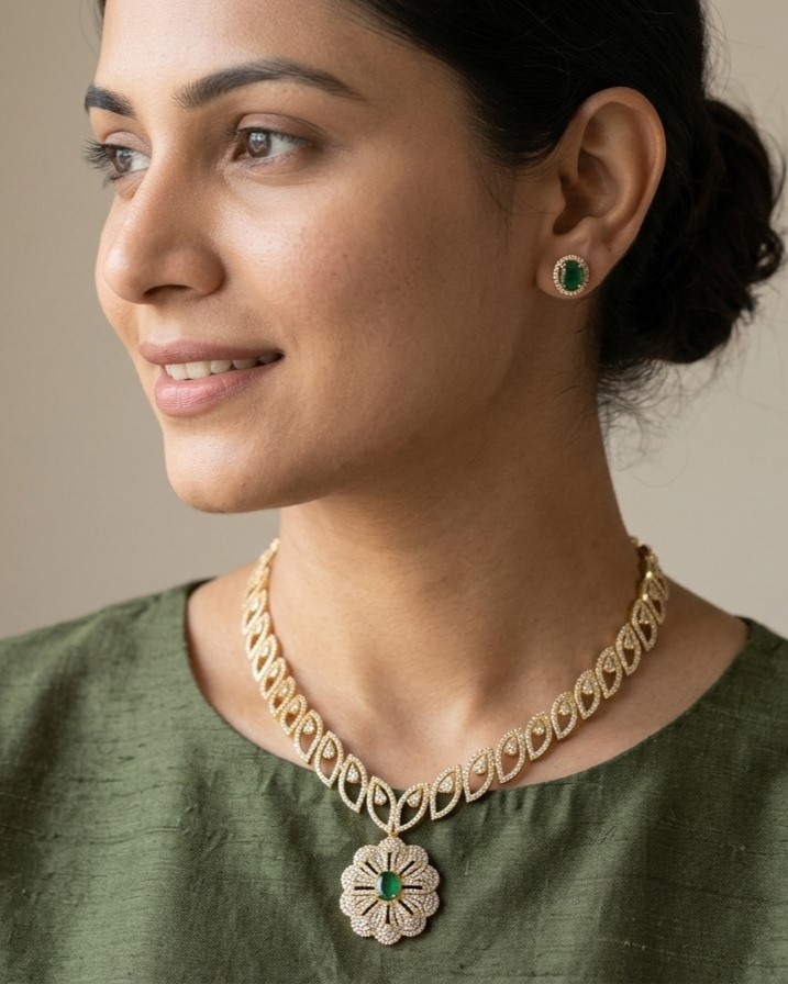 Emerald Green Floral Pendant Necklace Set | Gold Plated Bridal Jewelry Set