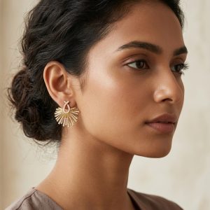 Radiant Sunburst Fan Stud Earrings in Gold Tone