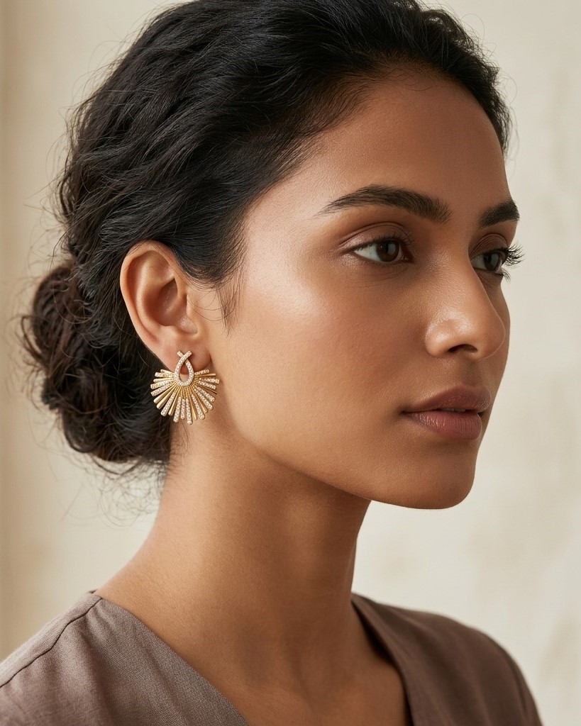 Radiant Sunburst Fan Stud Earrings in Gold Tone