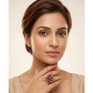 Ruby Red Floral Statement Ring with American Diamonds | Gold Plated Cocktail Ring for Women