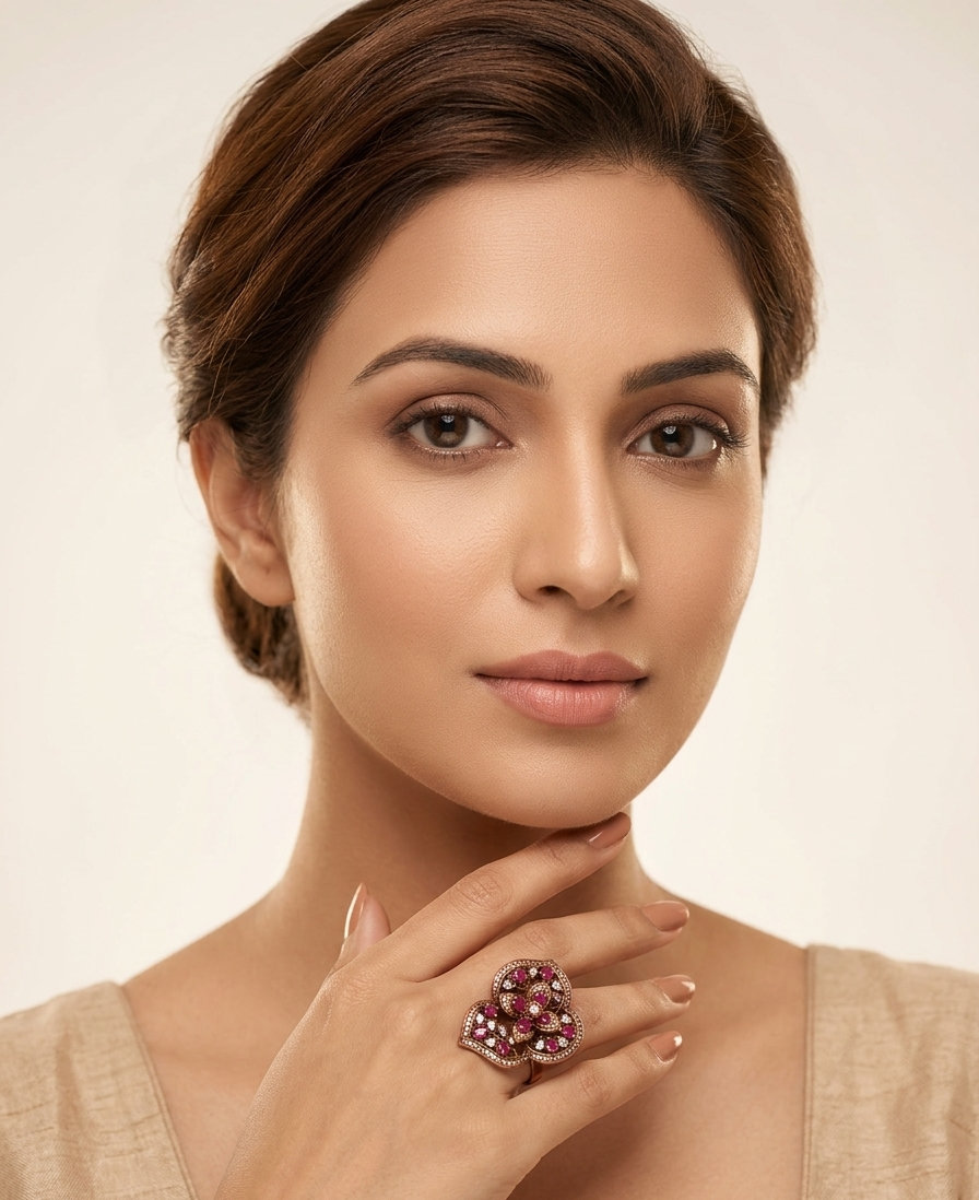 Ruby Red Floral Statement Ring with American Diamonds | Gold Plated Cocktail Ring for Women