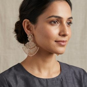 Blush Royale Filigree Fan Statement Earrings in Rose Gold Tone