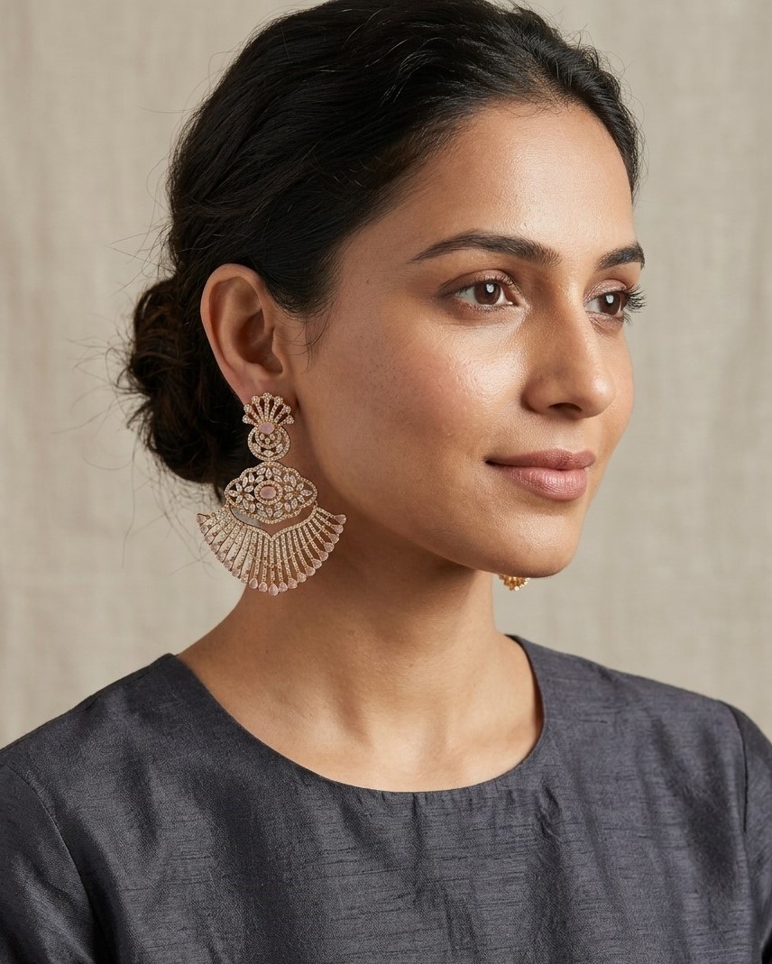 Blush Royale Filigree Fan Statement Earrings in Rose Gold Tone