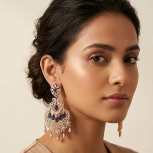 Midnight Sapphire Bloom Statement Earrings in Rose Gold Tone