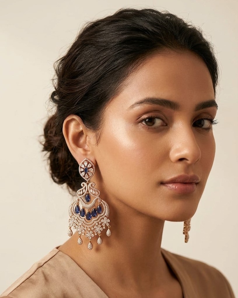 Midnight Sapphire Bloom Statement Earrings in Rose Gold Tone