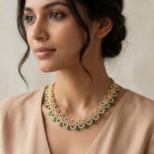 Emerald Green Drop & American Diamond Gold Necklace | Elegant Bridal & Festive Jewelry