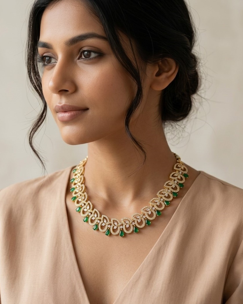 Emerald Green Drop & American Diamond Gold Necklace | Elegant Bridal & Festive Jewelry