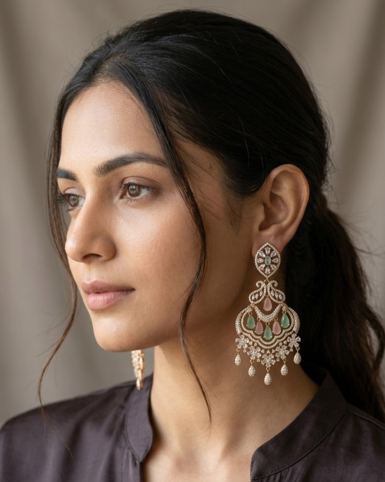 Gold-Tone American Diamond Floral Dangler Earrings