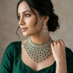 Royal Emerald Cascade Statement Necklace & Earring Set in Gold Tone