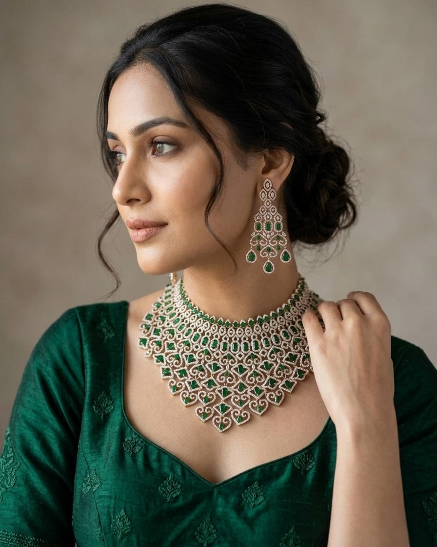 Royal Emerald Cascade Statement Necklace & Earring Set in Gold Tone