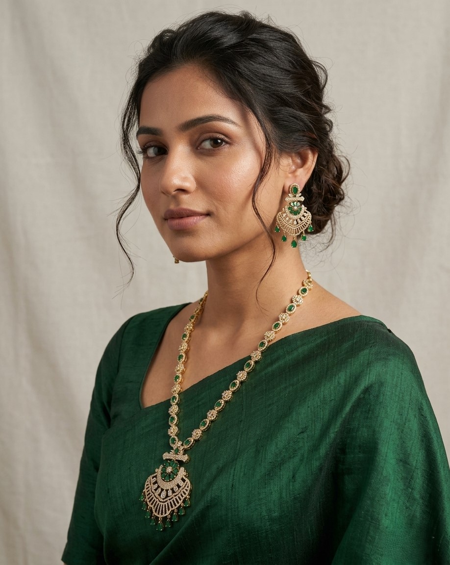 Emerald Pendant Necklace Set| Gold Plated Bridal Statement Jewelry