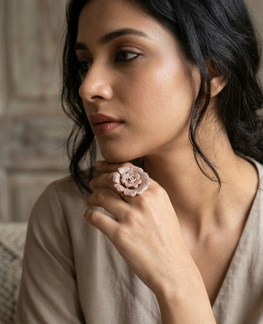 Rose Gold Floral Diamond Statement Ring | Elegant Cocktail Ring for Women