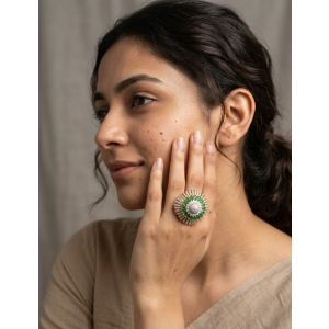 Emerald Green Statement Cocktail Ring with American Diamonds | Gold Plated Floral Design Ring