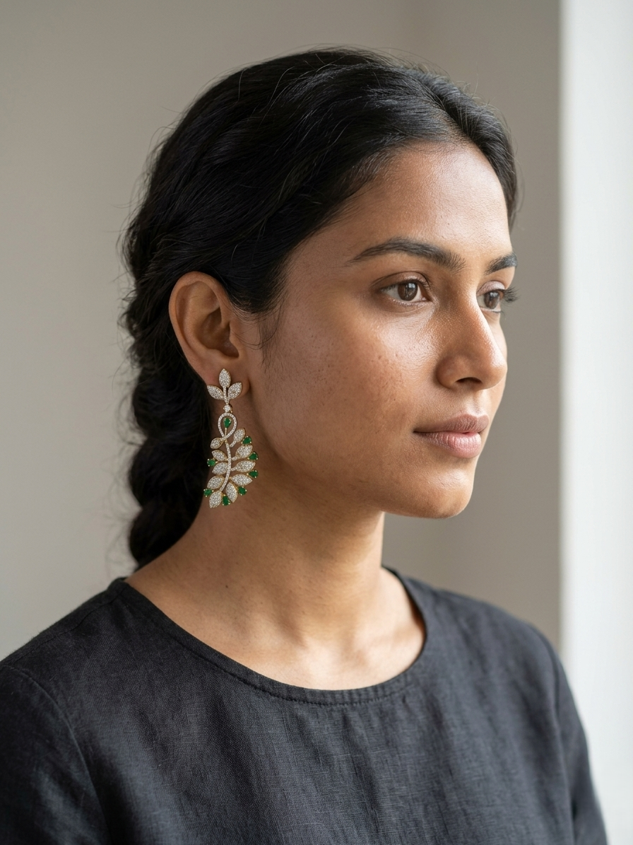 Gold Plated Leaf Drop Earrings with Green Stones & American Diamonds | Elegant Nature-Inspired Earrings for Women