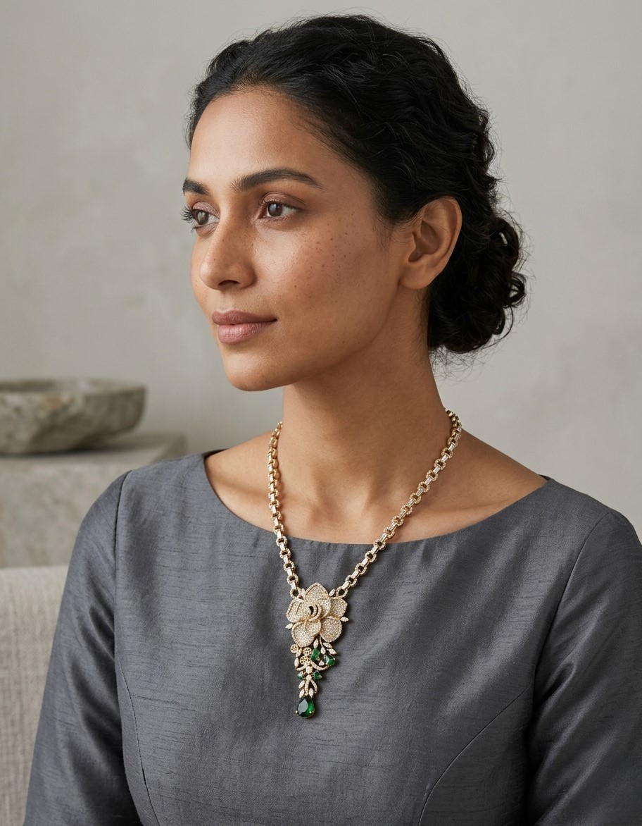 Emerald Green Floral Bridal Necklace Set | Gold Plated Statement Jewelry