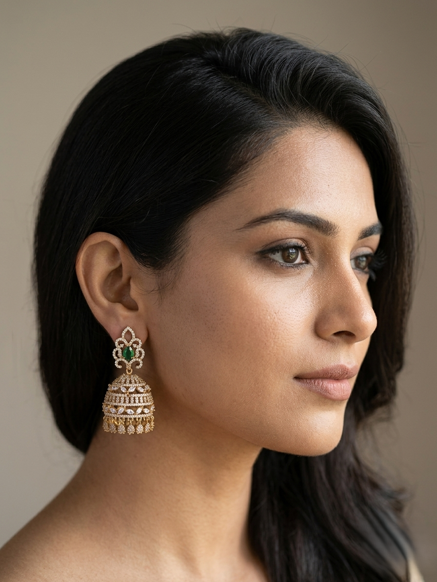 Gold Plated Jhumka Earrings with Green Stone & American Diamonds | Traditional Drop Earrings for Women
