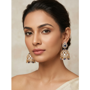 Gold Plated Jhumka Earrings with Blue Stone & American Diamonds | Elegant Traditional Drop Earrings for Women
