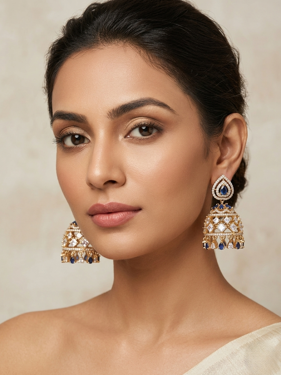 Gold Plated Jhumka Earrings with Blue Stone & American Diamonds | Elegant Traditional Drop Earrings for Women