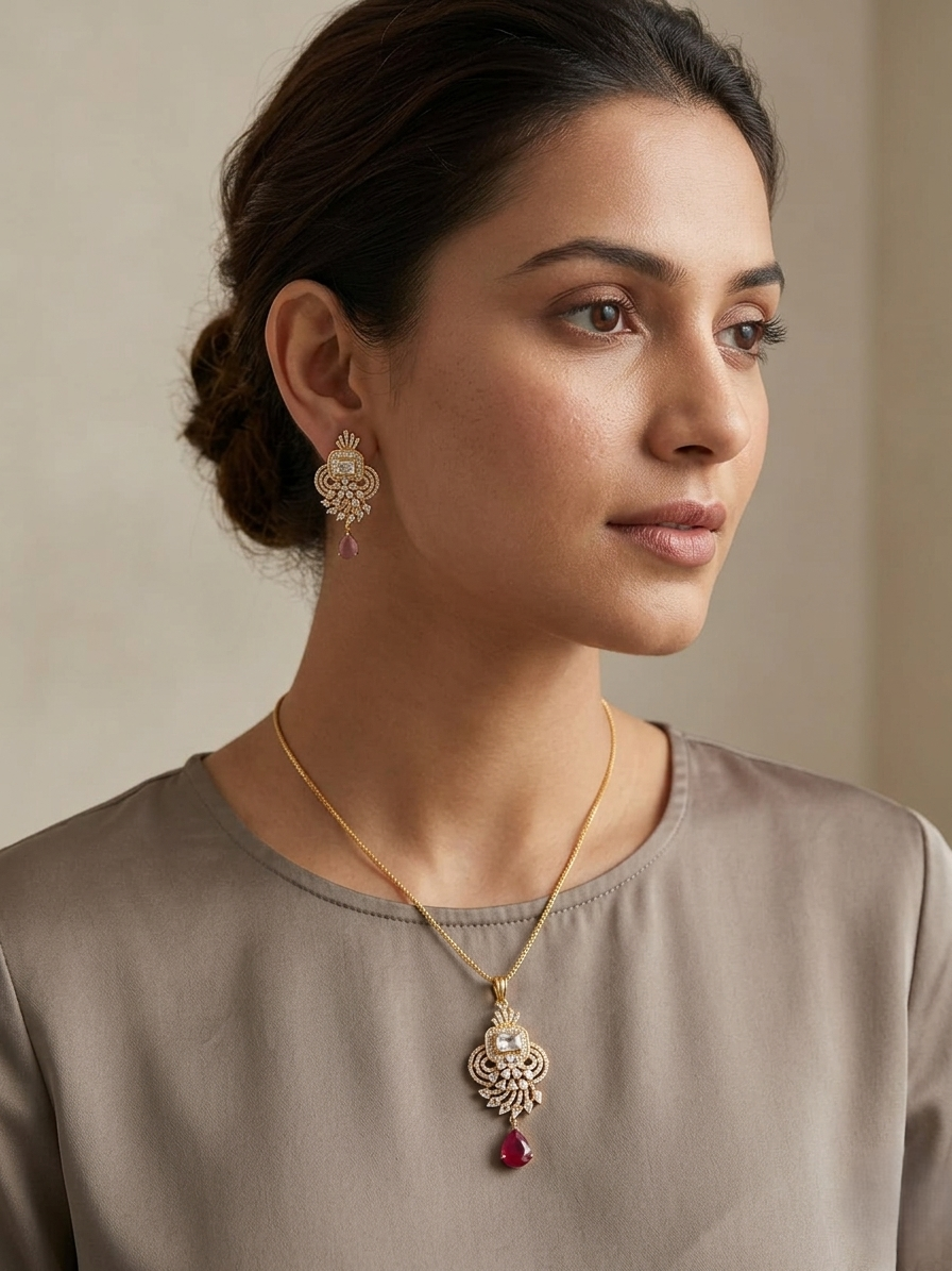 Blush Ruby Drop Pendant Necklace & Earrings Set in Gold Tone