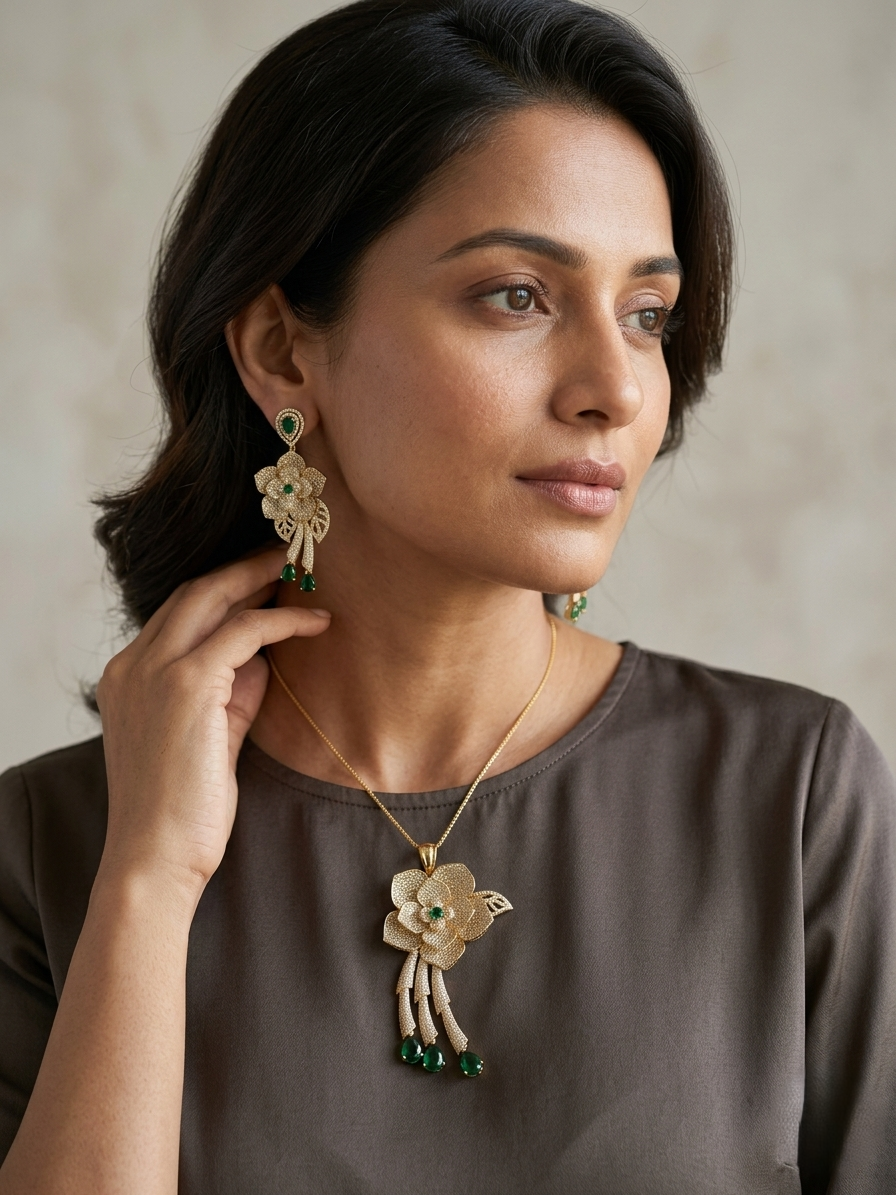 Emerald Bloom Floral Pendant Necklace & Earring Set in Gold Tone