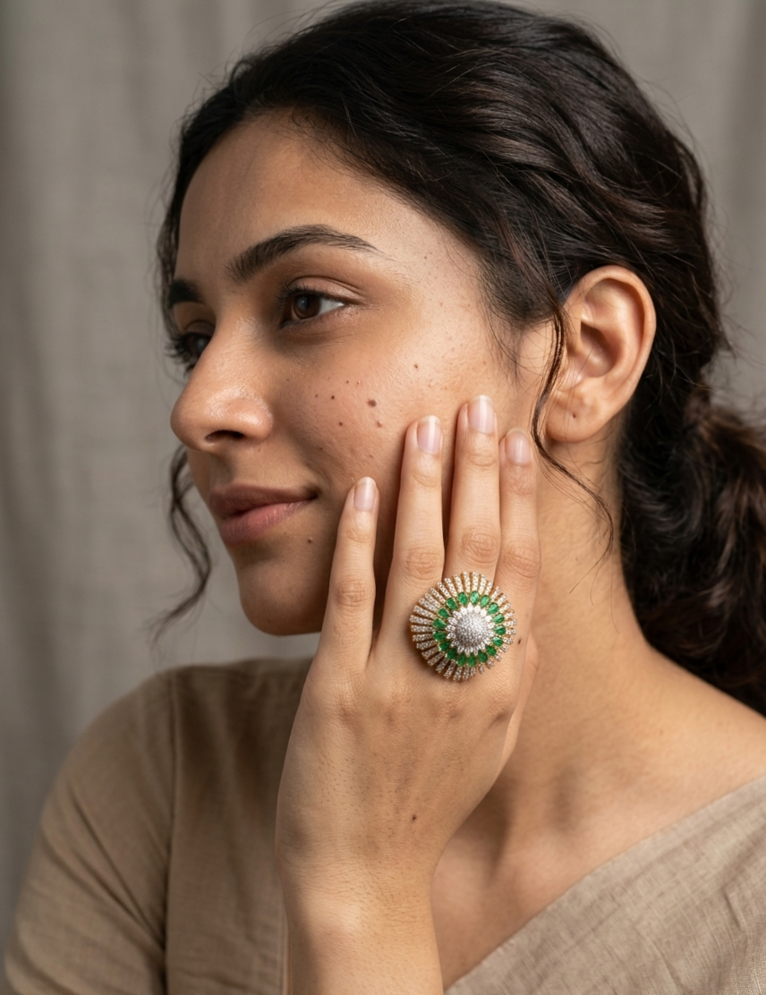 Emerald Green Statement Cocktail Ring with American Diamonds | Gold Plated Floral Design Ring